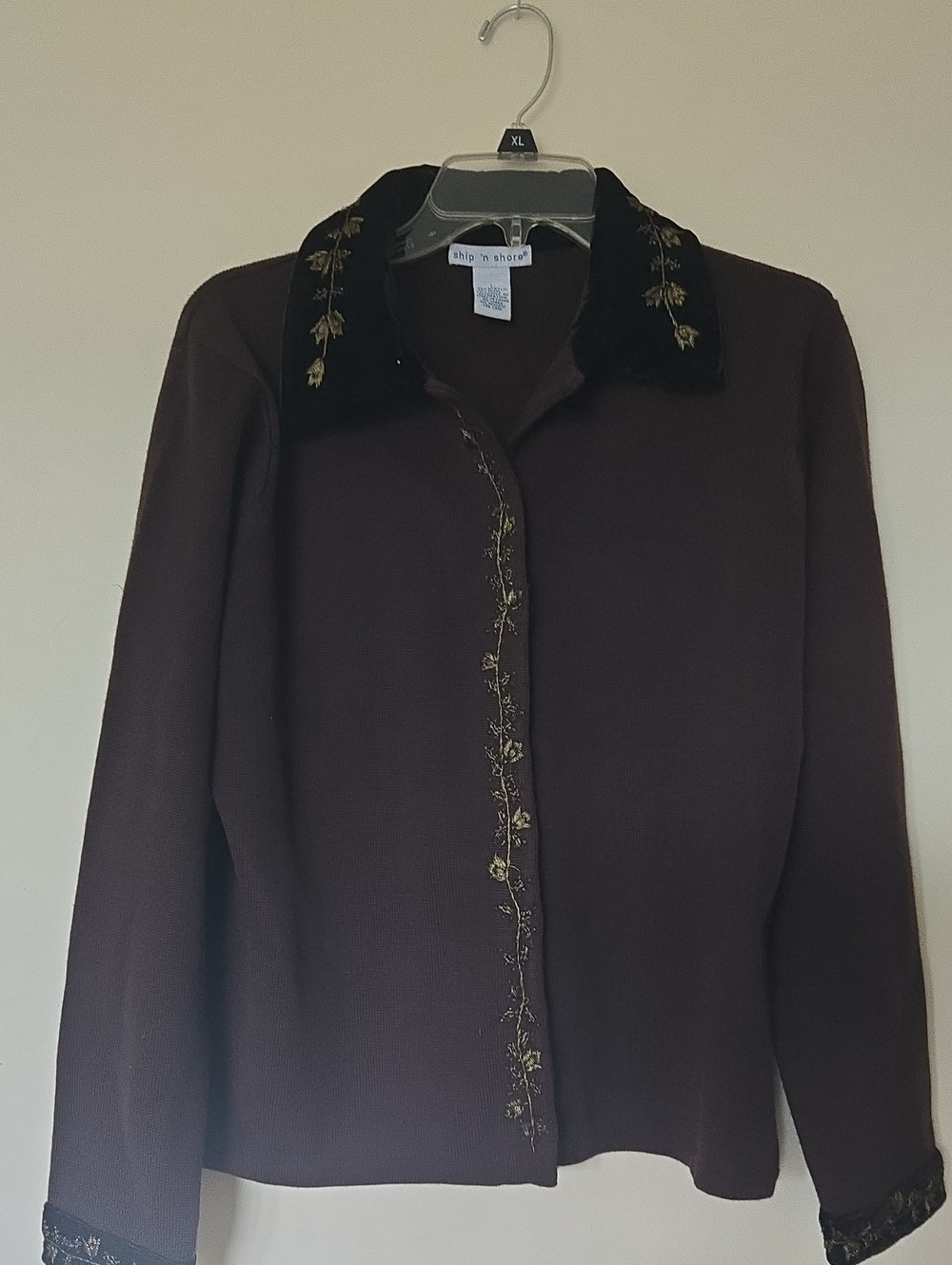 Ship N Shore Brown Embroidered Button-Up Women's Top